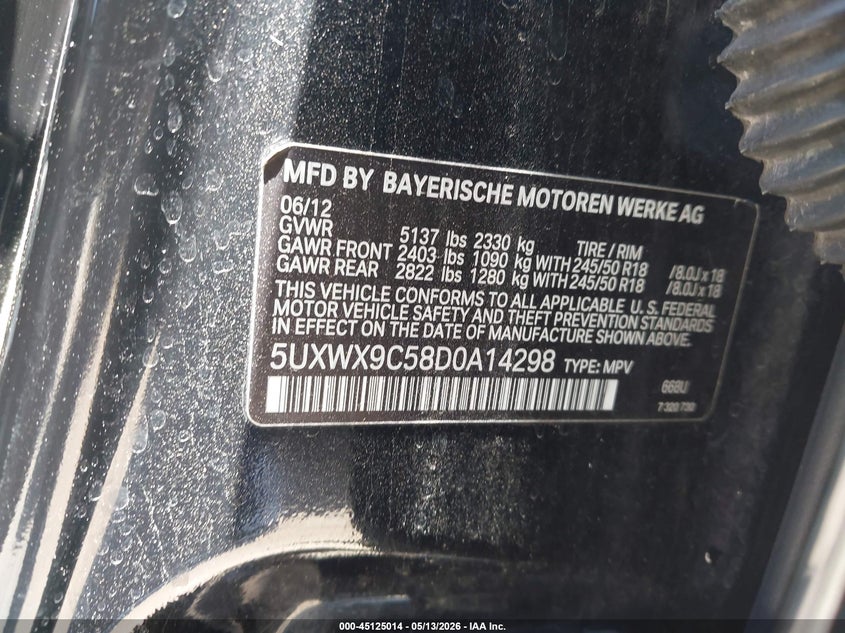 2013 BMW X3 VIN 5UXWX9C58D0A14298 IAAI salvage auction — NORMAL WEAR, Clear - Dealer Only (California), sold $475 on 2026-07-29 (photo 9)