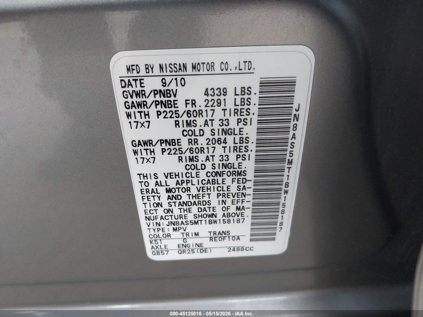 2011 Nissan Rogue VIN JN8AS5MT1BW158187 IAAI salvage auction — RIGHT SIDE, Salvage (California), sold $775 on 2026-07-29 (photo 9)