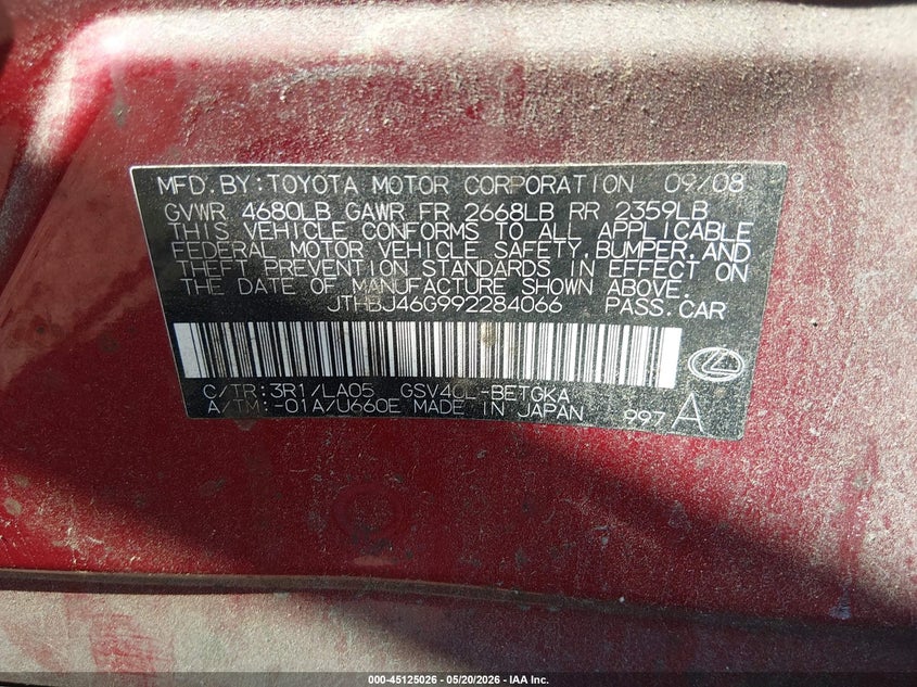 2009 Lexus Es 350 VIN JTHBJ46G992284066 IAAI salvage auction — LEFT SIDE, Salvage (South Carolina), sold $800 on 2026-07-15 (photo 9)