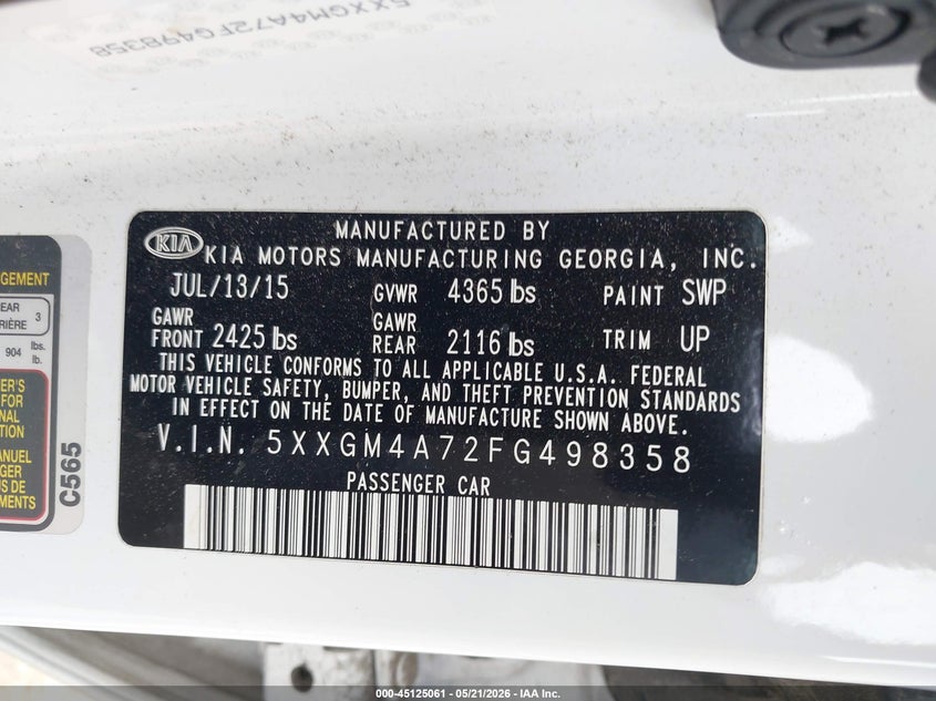 2015 Kia Optima VIN 5XXGM4A72FG498358 IAAI salvage auction — FRONT END, Junk Bill Of Sale Mv2459 (Wisconsin), sold $725 on 2026-07-07 (photo 9)