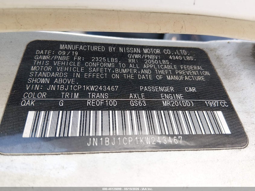 2019 Nissan Rogue VIN JN1BJ1CP1KW243467 IAAI salvage auction — FRONT END, Salvage (South Carolina), sold $425 on 2026-07-07 (photo 9)