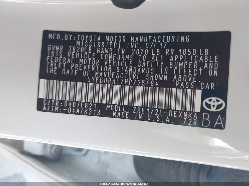 2017 Toyota Corolla VIN 5YFBURHE7HP725484 IAAI salvage auction — LEFT FRONT, Salvage (Arizona), sold $2,300 on 2026-07-28 (photo 9)