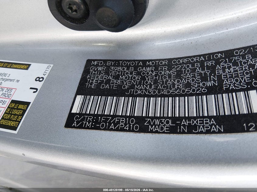 2013 Toyota Prius VIN JTDKN3DU4D5605026 IAAI salvage auction — FRONT END, Salvage (Missouri), sold $1,425 on 2026-07-30 (photo 9)