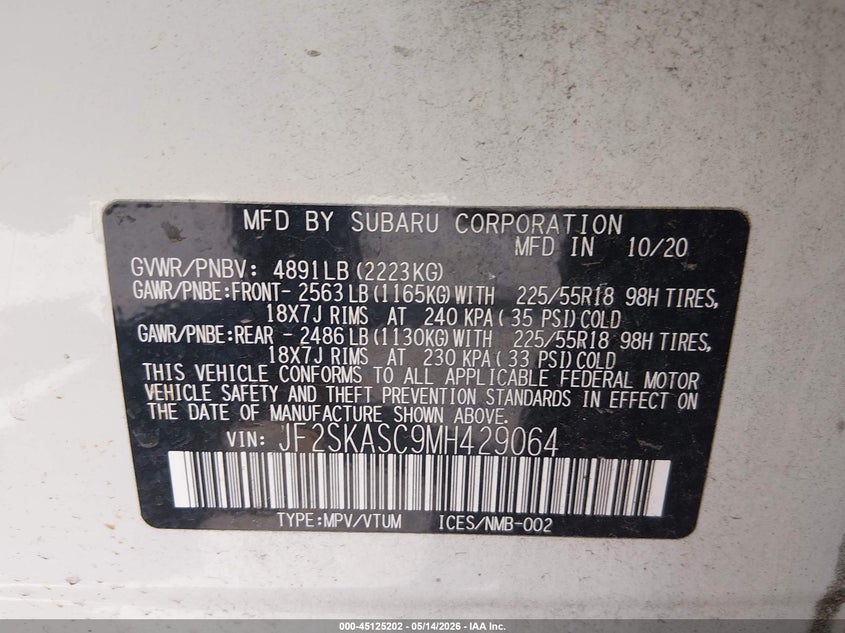 2021 Subaru Forester VIN JF2SKASC9MH429064 IAAI salvage auction — HAIL, Clear (Missouri), sold $8,475 on 2026-07-20 (photo 9)