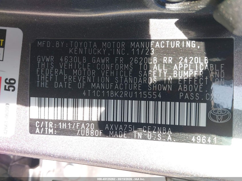 2024 Toyota Camry VIN 4T1C11BK2RU115554 IAAI salvage auction — FRONT END, Salvage (Iowa), sold $4,850 on 2026-07-10 (photo 9)