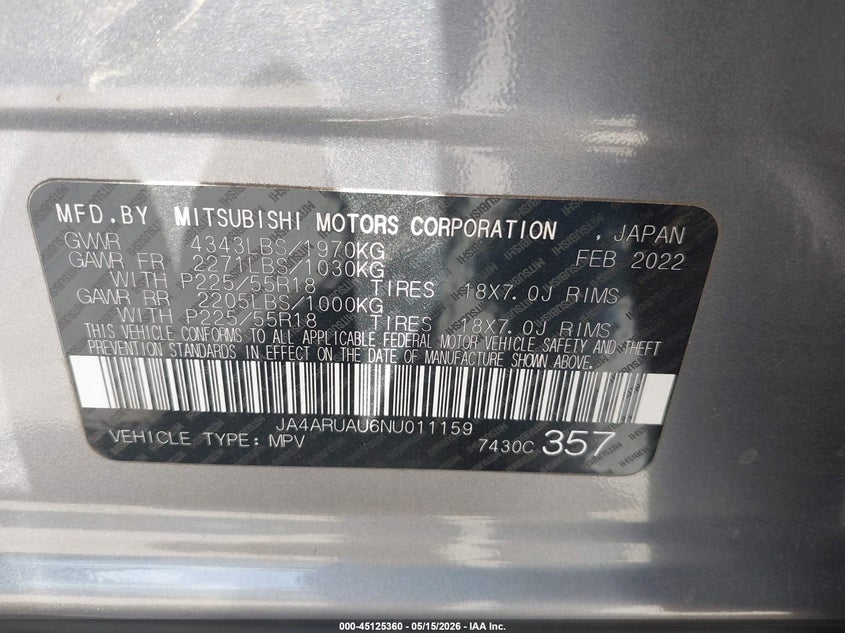 2022 Mitsubishi Outlander VIN JA4ARUAU6NU011159 IAAI salvage auction — FRONT END, Original (Texas), sold $4,000 on 2026-07-28 (photo 9)