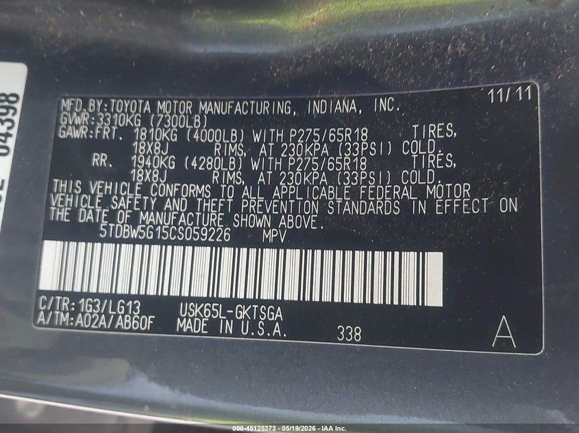 2012 Toyota Sequoia VIN 5TDBW5G15CS059226 IAAI salvage auction — HAIL, Original (Texas), sold $3,300 on 2026-07-29 (photo 9)