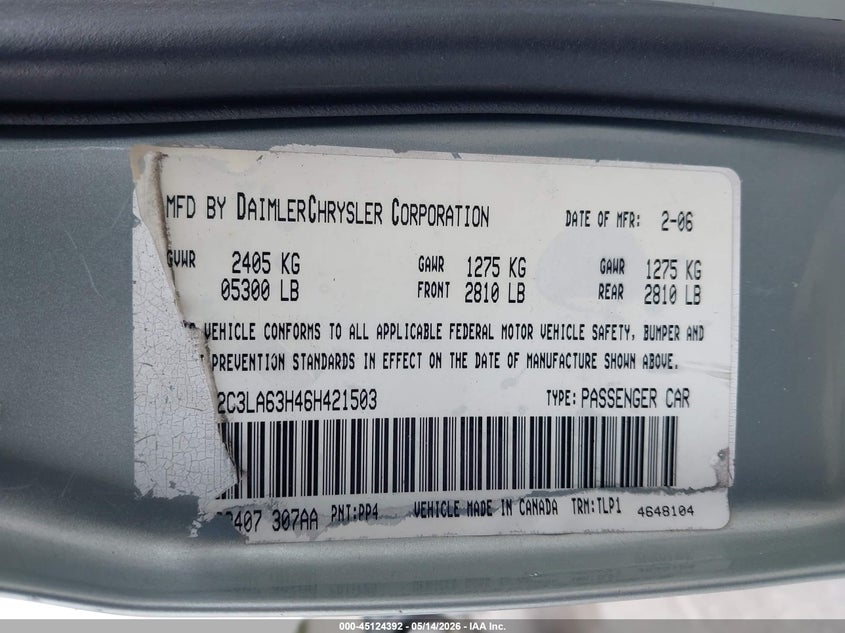 2006 Chrysler 300 VIN 2C3LA63H46H421503 IAAI salvage auction — FRONT END, Salvage (California), sold $400 on 2026-07-09 (photo 9)