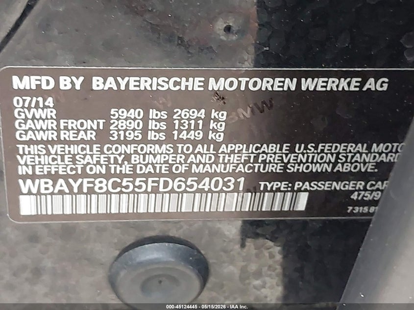 2015 BMW 7er VIN WBAYF8C55FD654031 IAAI salvage auction — FRONT END, Salvage Title, sold $3,800 on 2026-08-02 (photo 9)