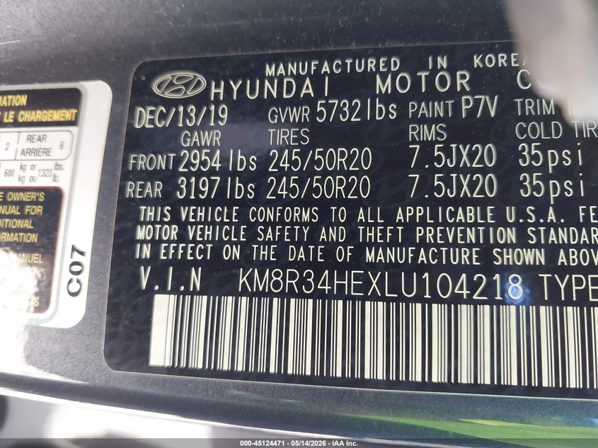 2020 Hyundai Palisade VIN KM8R34HEXLU104218 IAAI salvage auction — FRONT & REAR, Salvage (North Carolina), sold $4,900 on 2026-07-08 (photo 9)