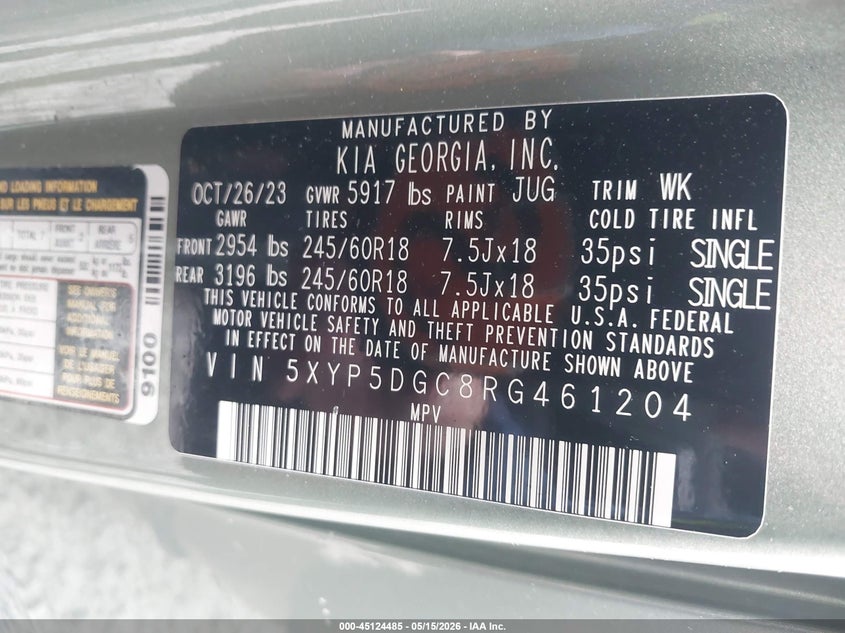 2024 Kia Telluride VIN 5XYP5DGC8RG461204 IAAI salvage auction — RIGHT SIDE, Mv-907A (New York), sold $12,900 on 2026-07-14 (photo 9)