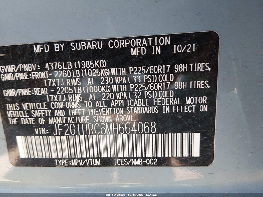 2021 Subaru Xv VIN JF2GTHRC6MH664068 IAAI salvage auction — LEFT FRONT, Salvage (Texas), sold $3,950 on 2026-07-13 (photo 9)
