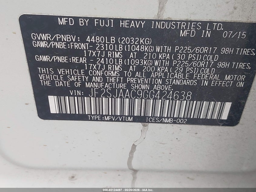 2016 Subaru Forester VIN JF2SJAAC9GG424638 IAAI salvage auction — FRONT END, Salvage (Texas), sold $2,050 on 2026-07-07 (photo 9)