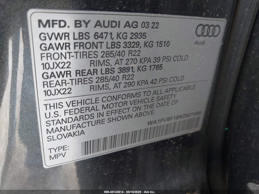 2022 Audi Q8 VIN WA1FVBF19ND021446 IAAI salvage auction — FRONT END, Salvage Title, sold $25,250 on 2026-07-09 (photo 9)