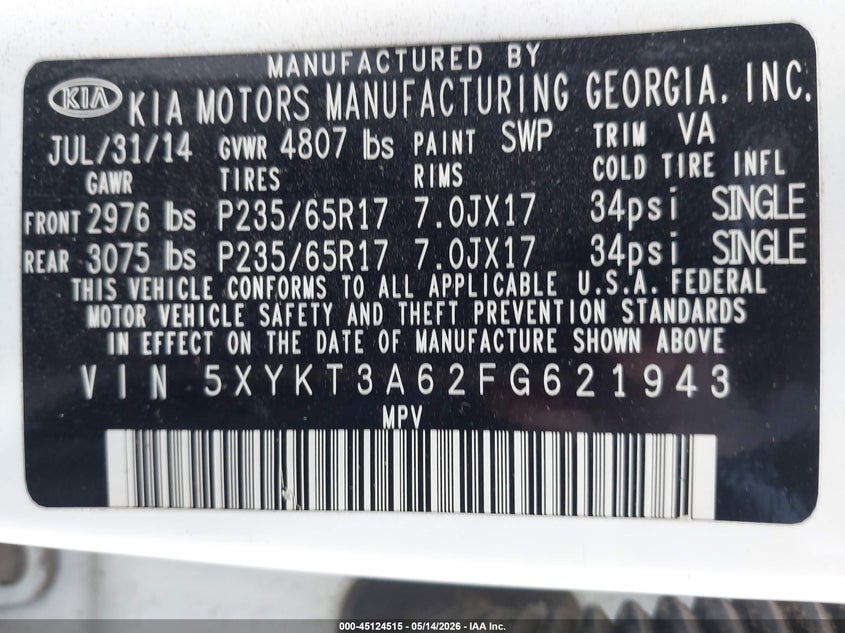 2015 Kia Sorento VIN 5XYKT3A62FG621943 IAAI salvage auction — NORMAL WEAR, Salvage (Texas), sold $975 on 2026-07-21 (photo 9)