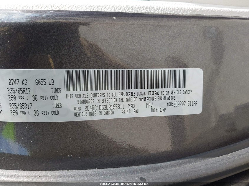 2020 Chrysler Voyager VIN 2C4RC1DG3LR195811 IAAI salvage auction — RIGHT REAR, Salvage - Greater Than 75% (Maryland), sold $2,775 on 2026-07-21 (photo 9)