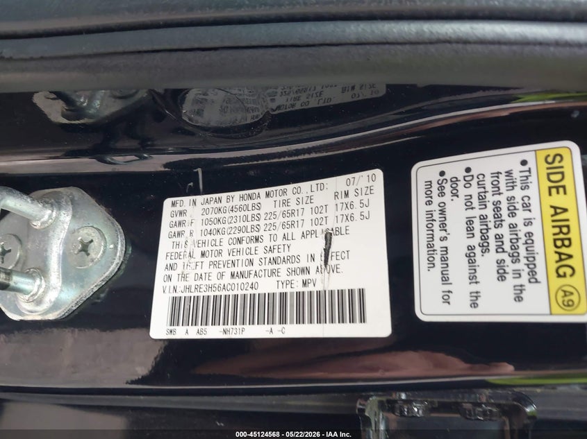 2010 Honda Cr-v VIN JHLRE3H56AC010240 IAAI salvage auction — FRONT END, Salvage (North Carolina), sold $1,475 on 2026-07-31 (photo 9)