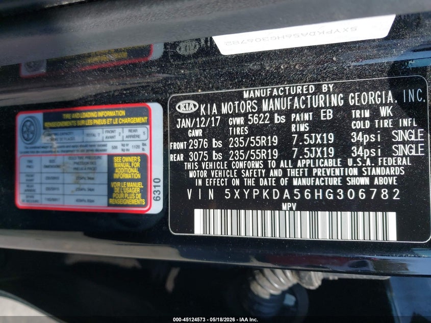 2017 Kia Sorento VIN 5XYPKDA56HG306782 IAAI salvage auction — FRONT END, Salvage (Massachusetts), sold $1,800 on 2026-07-17 (photo 9)