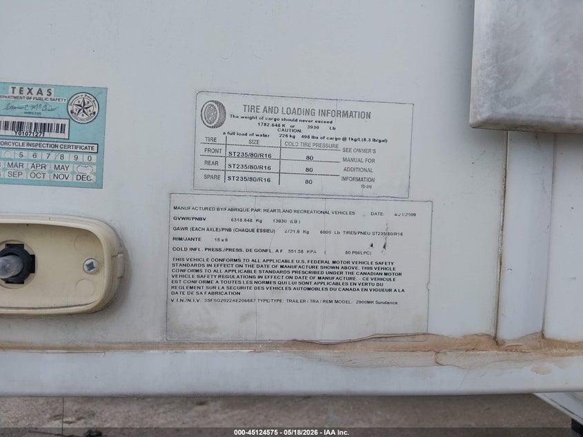 2010 Heartland rv Sundance VIN 5SFSG2922AE206667 IAAI salvage auction — HAIL, Original (Texas), sold $525 on 2026-07-28 (photo 7)