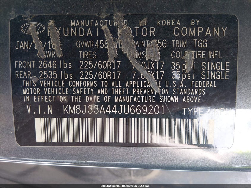 2018 Hyundai Tucson VIN KM8J33A44JU669201 IAAI salvage auction — LEFT FRONT, Salvage (Louisiana), sold $1,750 on 2026-07-21 (photo 9)