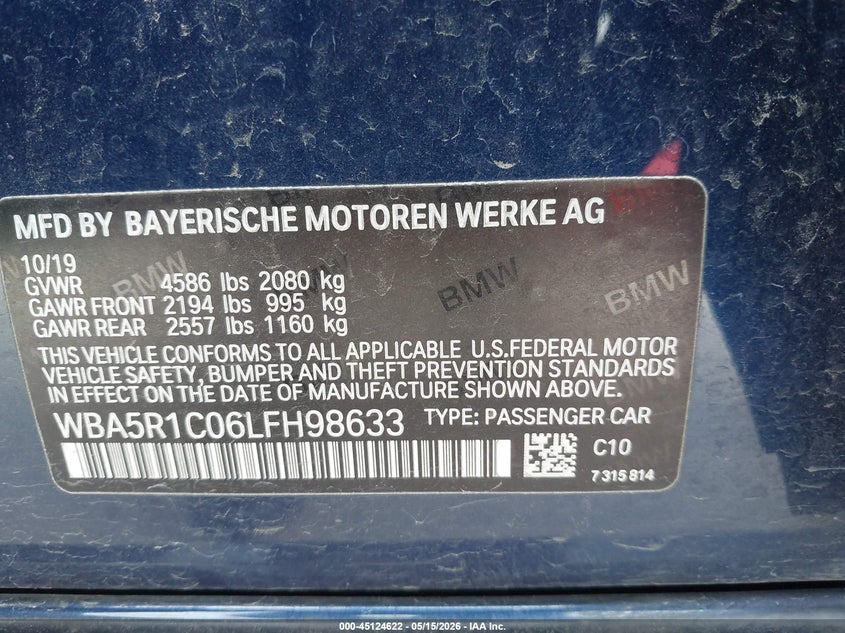 2020 BMW 3er VIN WBA5R1C06LFH98633 IAAI salvage auction — LEFT FRONT, Original (Texas), sold $6,300 on 2026-07-29 (photo 9)