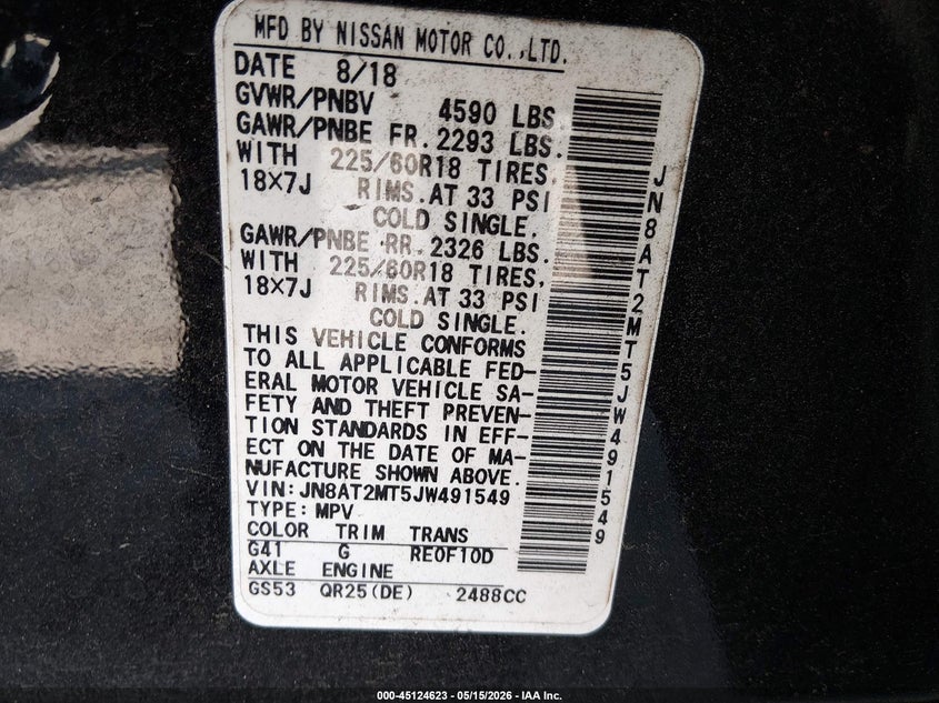 2018 Nissan Rogue VIN JN8AT2MT5JW491549 IAAI salvage auction — RIGHT FRONT, Salvage (Idaho), sold $4,300 on 2026-07-24 (photo 9)