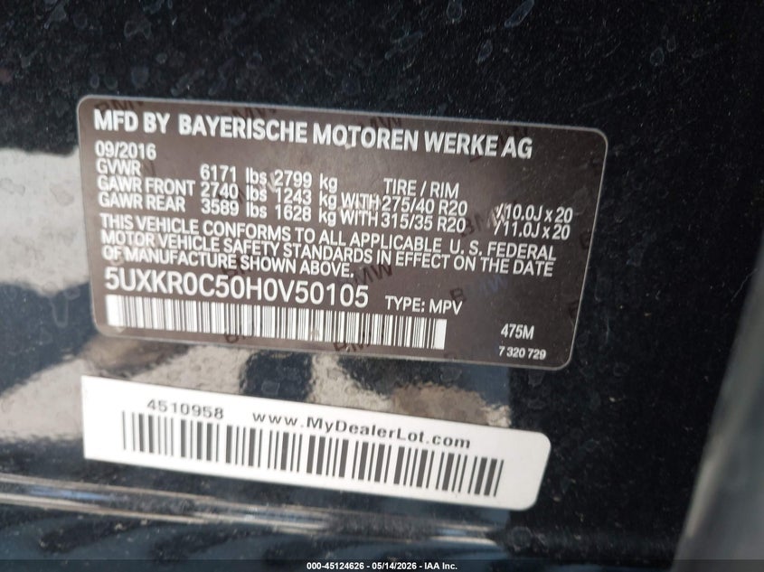 2017 BMW X5 VIN 5UXKR0C50H0V50105 IAAI salvage auction — FRONT & REAR, Salvage Title, sold $25 on 2026-07-29 (photo 9)