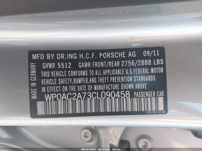 2012 Porsche Panamera VIN WP0AC2A73CL090458 IAAI salvage auction — LEFT FRONT, Salvage - Greater Than 75% (Maryland), sold $3,025 on 2026-07-28 (photo 9)
