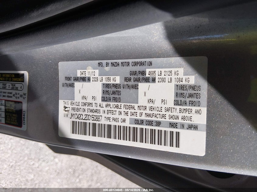 2013 Mazda 5 VIN JM1CW2CL2D0150887 IAAI salvage auction — FRONT END, Salvage (Missouri), sold $25 on 2026-07-21 (photo 9)