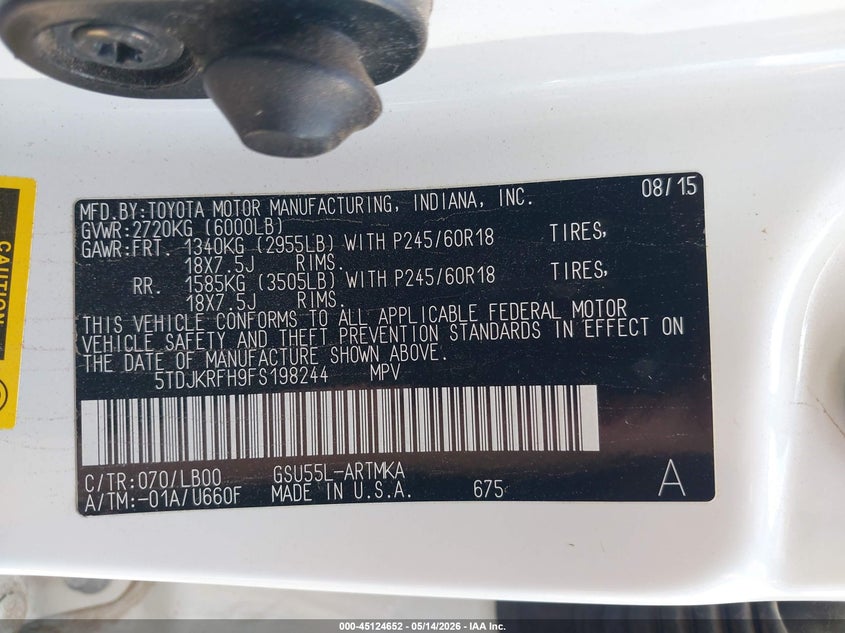 2015 Toyota Highlander VIN 5TDJKRFH9FS198244 IAAI salvage auction — LEFT SIDE, Original (Texas), sold $8,550 on 2026-07-14 (photo 9)