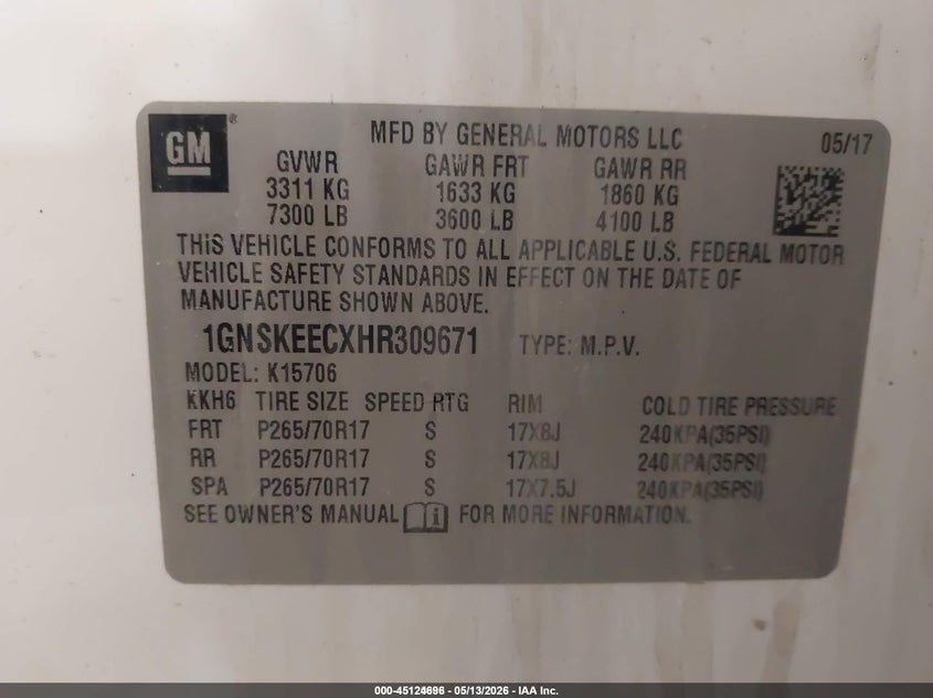 2017 Chevrolet Tahoe VIN 1GNSKEECXHR309671 IAAI salvage auction — LEFT SIDE, Sf97 (New York), sold $11,800 on 2026-07-31 (photo 9)