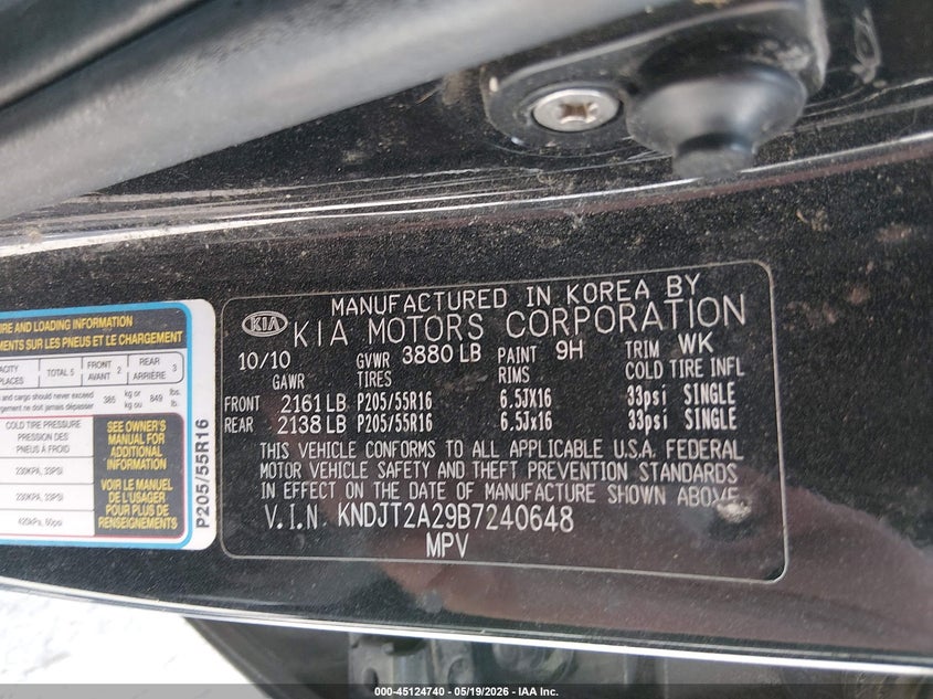 2011 Kia Soul VIN KNDJT2A29B7240648 IAAI salvage auction — FRONT END, Salvage (Kentucky), sold $300 on 2026-07-22 (photo 9)