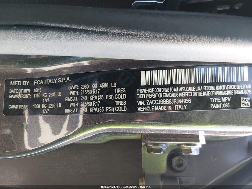 2018 Jeep Renegade VIN ZACCJBBB6JPJ44956 IAAI salvage auction — RIGHT FRONT, Original (Texas), sold $3,600 on 2026-07-14 (photo 9)