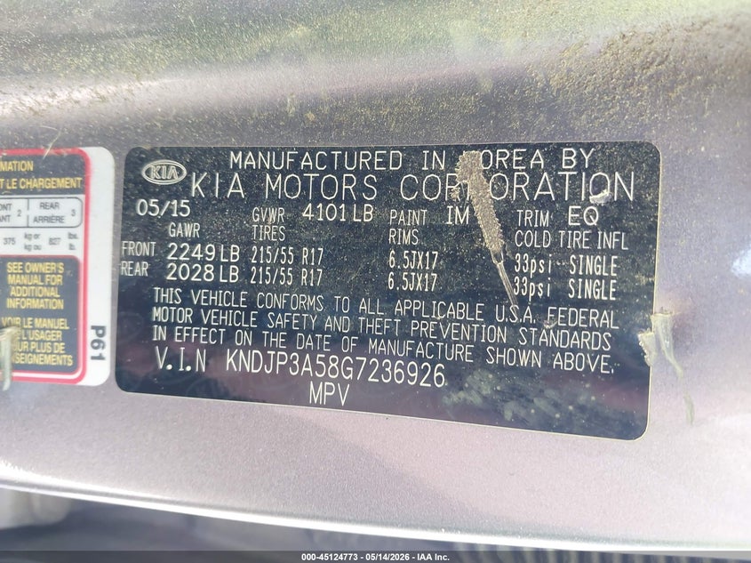 2016 Kia Soul VIN KNDJP3A58G7236926 IAAI salvage auction — FRONT & REAR, Salvage (Illinois), sold $425 on 2026-07-15 (photo 9)