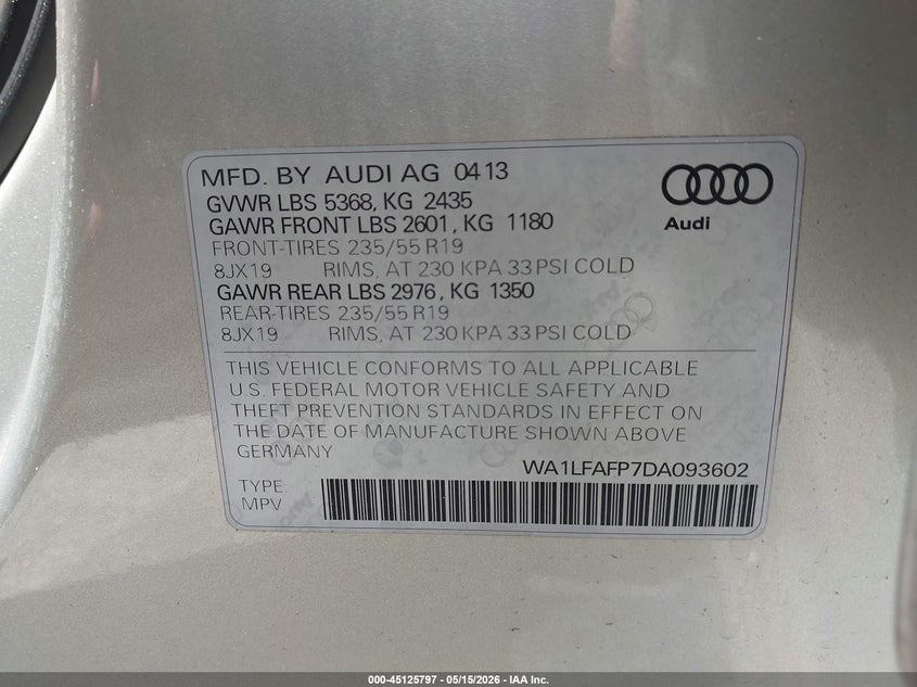 2013 Audi Q5 VIN WA1LFAFP7DA093602 IAAI salvage auction — LEFT FRONT, Rebuildable (Florida), sold $1,500 on 2026-07-07 (photo 9)