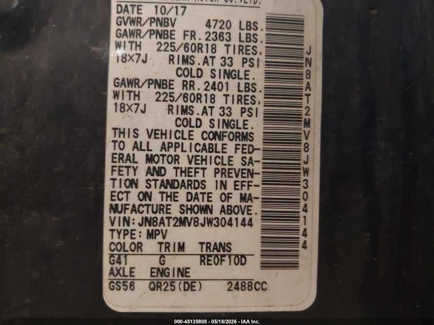 2018 Nissan Rogue VIN JN8AT2MV8JW304144 IAAI salvage auction — FRONT END, Regular (South Dakota), sold $3,750 on 2026-07-21 (photo 9)