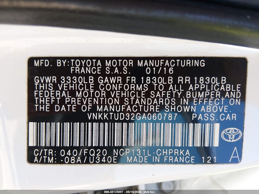 2016 Toyota Yaris VIN VNKKTUD32GA060787 IAAI salvage auction — FRONT & REAR, Salvage (Alabama), sold $2,300 on 2026-07-07 (photo 9)