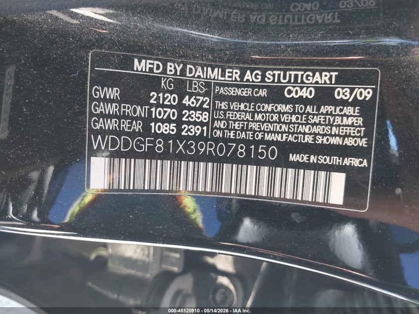 2009 Mercedes-benz C class VIN WDDGF81X39R078150 IAAI salvage auction — REAR END, Salvage (Idaho), sold $25 on 2026-07-30 (photo 9)