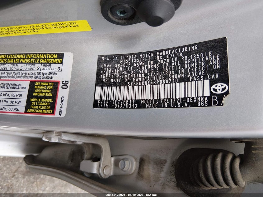2019 Toyota Corolla VIN 5YFBURHE4KP868710 IAAI salvage auction — RIGHT FRONT, Original (Texas), sold $2,550 on 2026-07-22 (photo 9)