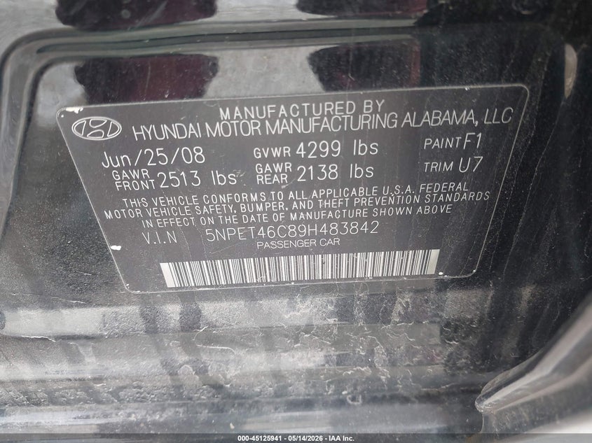 2009 Hyundai Sonata VIN 5NPET46C89H483842 IAAI salvage auction — HAIL, Regular Certificate (Iowa), sold $1,400 on 2026-07-14 (photo 9)
