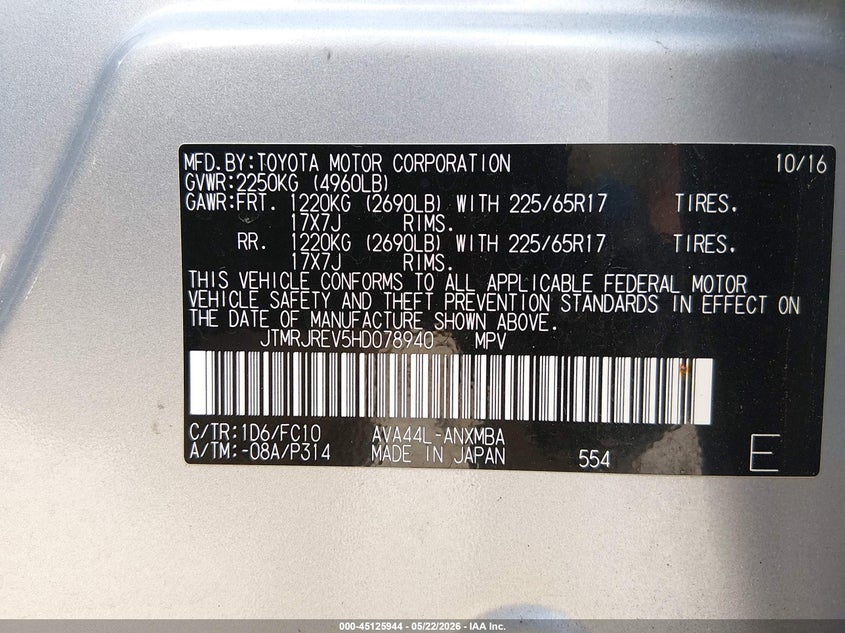 2017 Toyota Rav 4 VIN JTMRJREV5HD078940 IAAI salvage auction — STRIPPED, Salvage (Massachusetts), sold $4,025 on 2026-07-29 (photo 9)