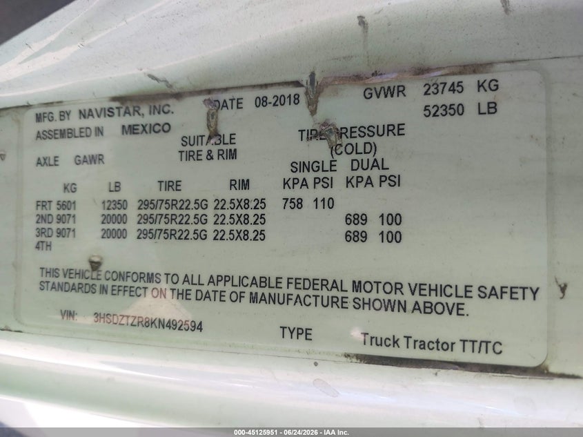 2019 International VIN 3HSDZTZR8KN492594 IAAI salvage auction — REPOSSESSION, Clear (California), sold $3,650 on 2026-07-08 (photo 8)