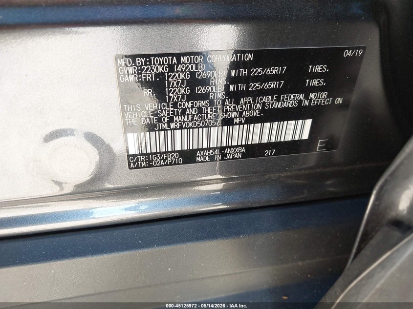 2019 Toyota Rav 4 VIN JTMLWRFV0KD507057 IAAI salvage auction — LEFT FRONT, Salvage (California), sold $14,400 on 2026-07-16 (photo 9)
