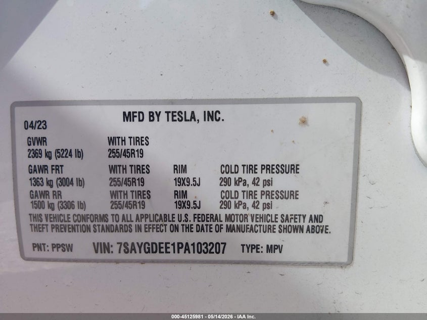 2023 Tesla Model y VIN 7SAYGDEE1PA103207 IAAI salvage auction — ROLLOVER, Non-Repairable (California), sold $2,550 on 2026-07-17 (photo 9)