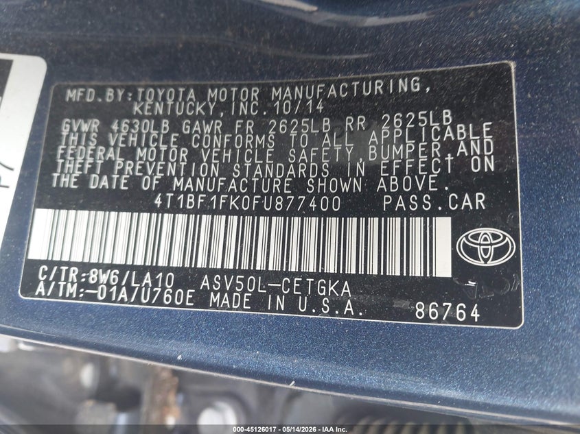 2015 Toyota Camry VIN 4T1BF1FK0FU877400 IAAI salvage auction — REAR END, Salvage (Oregon), sold $2,700 on 2026-07-09 (photo 9)