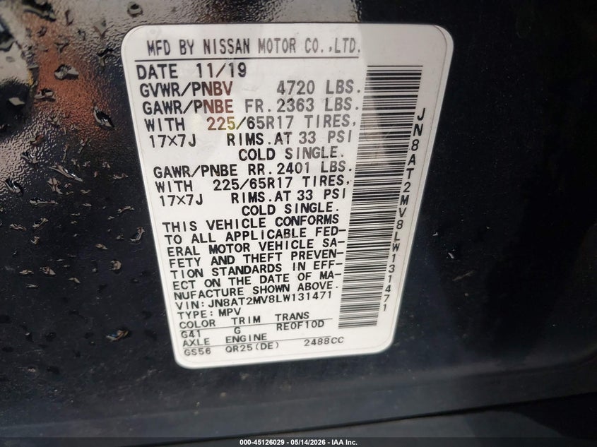 2020 Nissan Rogue VIN JN8AT2MV8LW131471 IAAI salvage auction — FRONT END, Salvage (North Carolina), sold $2,950 on 2026-07-31 (photo 9)
