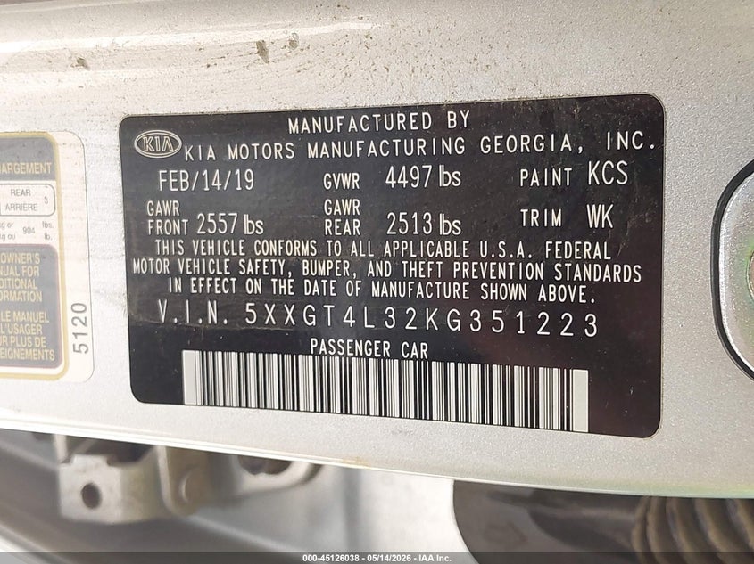 2019 Kia Optima VIN 5XXGT4L32KG351223 IAAI salvage auction — THEFT, Salvage (California), sold $1,500 on 2026-07-28 (photo 9)