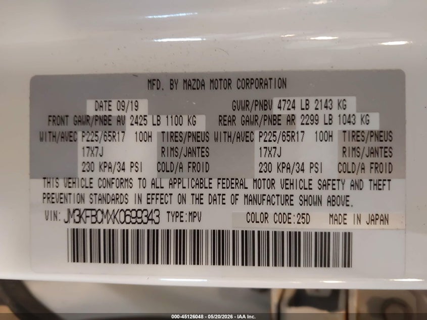 2019 Mazda Cx-5 VIN JM3KFBCMXK0699343 IAAI salvage auction — FRONT END, Salvage (Pennsylvania), sold $3,450 on 2026-07-28 (photo 9)
