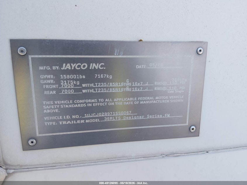 2007 Jayco Designer VIN 1UJCJ02R971SS0067 IAAI salvage auction — HAIL, Original (Texas), sold $800 on 2026-09-01 (photo 7)