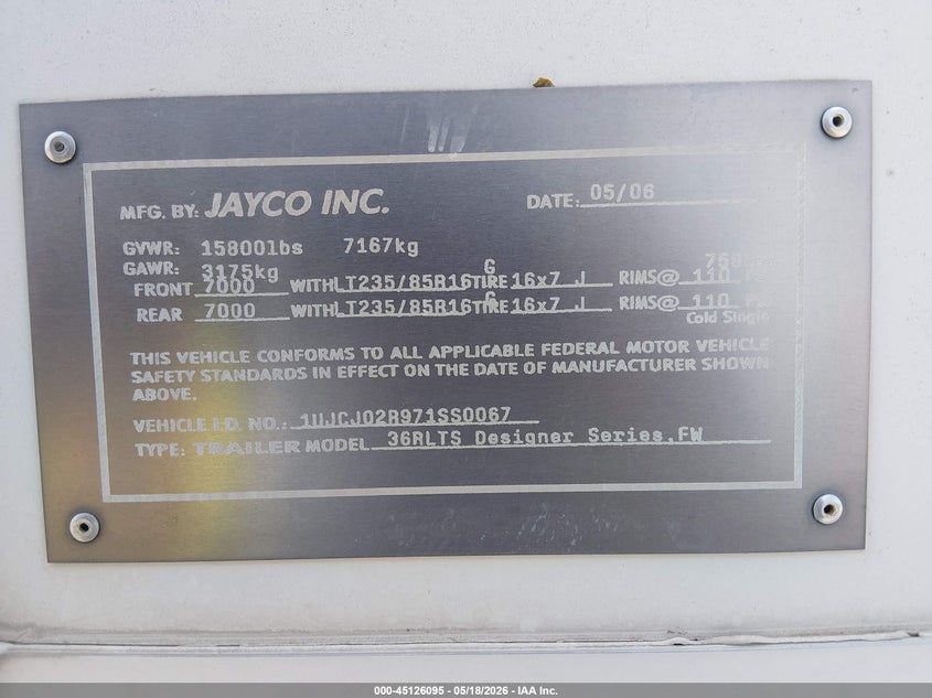 2007 Jayco Designer VIN 1UJCJ02R971SS0067 IAAI salvage auction — HAIL, Original (Texas), sold $800 on 2026-09-01 (photo 9)